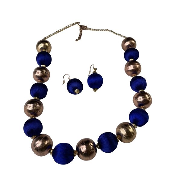 Blue Gold Beaded Statement Necklace Earrings Set Fashion Jewelry u - Picture 2 of 6